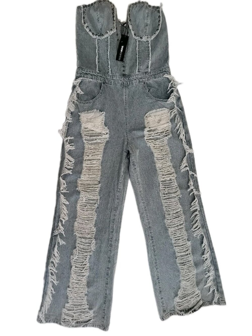 Fashion Nova Distressed Grey Denim Jumpsuit with Stud Details - Picture 3 of 16